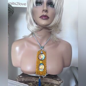 Hand Knits 2 Love Necklace Cabochons Beads Crochet Sun Moon Astrology Boho Hip